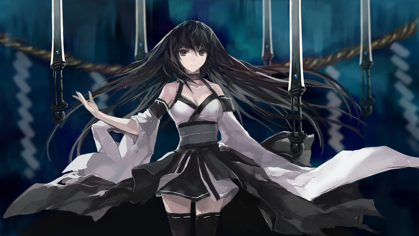 bad_id bad_pixiv_id black_eyes black_hair black_legwear black_skirt breasts choker cleavage detached_sleeves eien_no_aselia eternity_sword_series expressionless japanese_clothes long_hair medium_breasts narukana_(seinarukana) ribbon-trimmed_legwear ribbon_trim rope seinarukana skirt solo swd3e2 sword thighhighs tree weapon