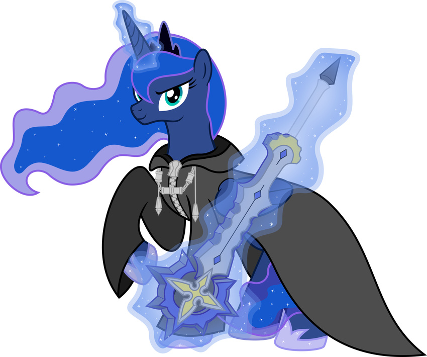 alpha_channel blue_fur blue_hair cloak crossover equine female friendship_is_magic fur hair hi_res horn jackos92 keyblade kingdom_hearts looking_at_viewer magic mammal my_little_pony plain_background polearm princess_luna_(mlp) saix smile solo staff teal_eyes transparent_background vector weapon winged_unicorn wings
