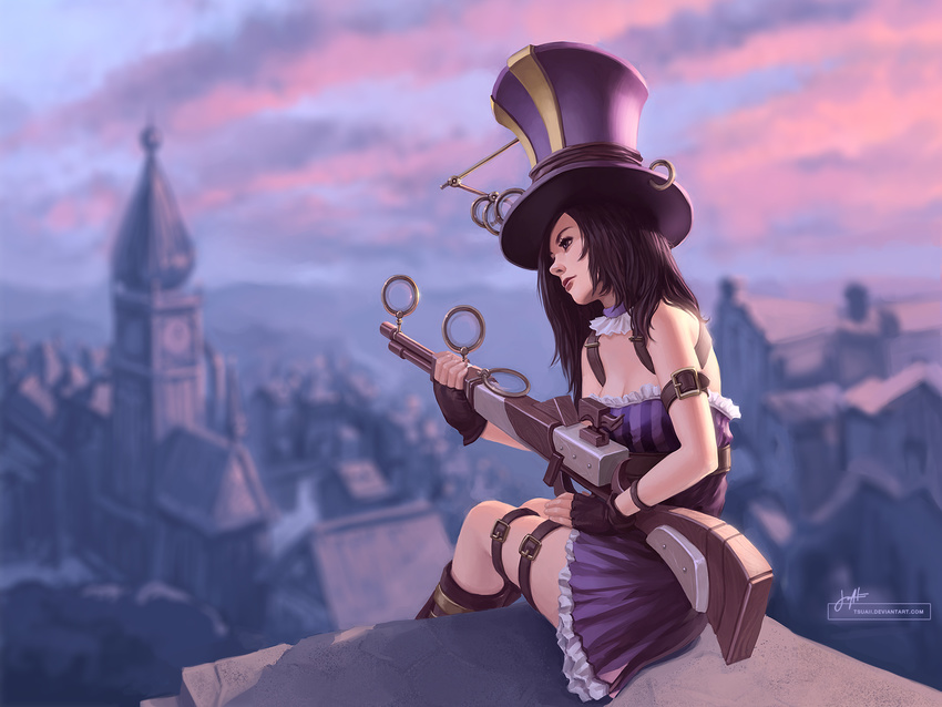 bare_shoulders boots brown_hair caitlyn_(league_of_legends) detached_collar dress gun hat highres jonathan_hamilton league_of_legends long_hair rifle rooftop scope solo strapless strapless_dress thigh_strap top_hat wallpaper weapon