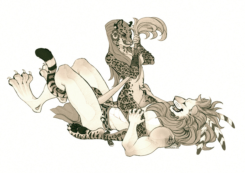 bracelet chutkat couple eye_contact fangs feathers feline female female_on_top grin jaguar jewelry lion loincloth male mammal monochrome navel nude on_top sepia smile straddling toned tongue tongue_out