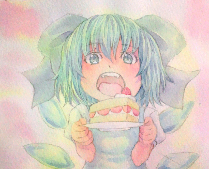 acrylic_paint_(medium) blue_eyes blue_hair bow cake cirno dress food fruit giving gradient gradient_background graphite_(medium) hair_bow highres looking_at_viewer open_mouth plate puffy_short_sleeves puffy_sleeves short_hair short_sleeves solo strawberry touhou traditional_media upper_body watercolor_(medium) wings yuyu_(00365676)