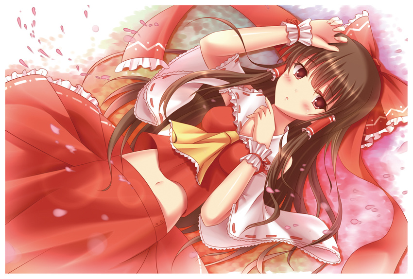 :o arm_up ascot bad_id bad_pixiv_id blush bow brown_hair cherry_blossoms detached_sleeves frilled_skirt frills hair_bow hair_tubes hakurei_reimu highres looking_at_viewer lying midriff navel on_ground open_mouth ribbon-trimmed_sleeves ribbon_trim skirt solo touhou wrist_cuffs zhou_yu_(ppaaqz1995)