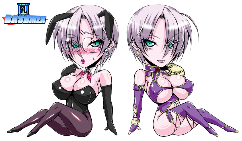 1girl animal_ears bash-inc blush boots breasts bunny_ears bunnysuit chibi dual_persona elbow_gloves glasses gloves isabella_valentine large_breasts purple_legwear short_hair soul_calibur thigh_boots thighhighs very_short_hair white_hair