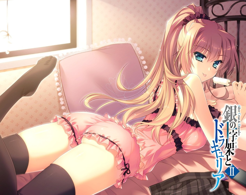 1girl :p bed black_legwear blue_eyes boyshorts brown_hair camisole feet gin_no_cross_to_draculea legs melting no_shoes on_stomach ponytail popsicle sudou_mei thighhighs tongue yasaka_minato