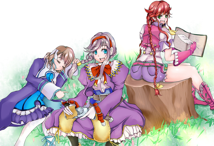 3girls aqua_eyes ass belt book boots bow braid brown_hair cleaning cropped_jacket dress feather_pen from_behind gloves green_eyes gun hair_ribbon hairband light_brown_hair long_hair looking_back looking_over_shoulder multiple_girls open_mouth pantyhose ponzu_yuki purple_dress rebecca_streisand red_hair ribbon sayaka_haore_no_yome scarf short_hair short_shorts shorts single_braid sitting sleeping smile stump tree_stump twin_braids twintails very_long_hair virginia_maxwell weapon white_legwear wild_arms wild_arms_3 wild_arms_4 wild_arms_5 yulie_ahtreide