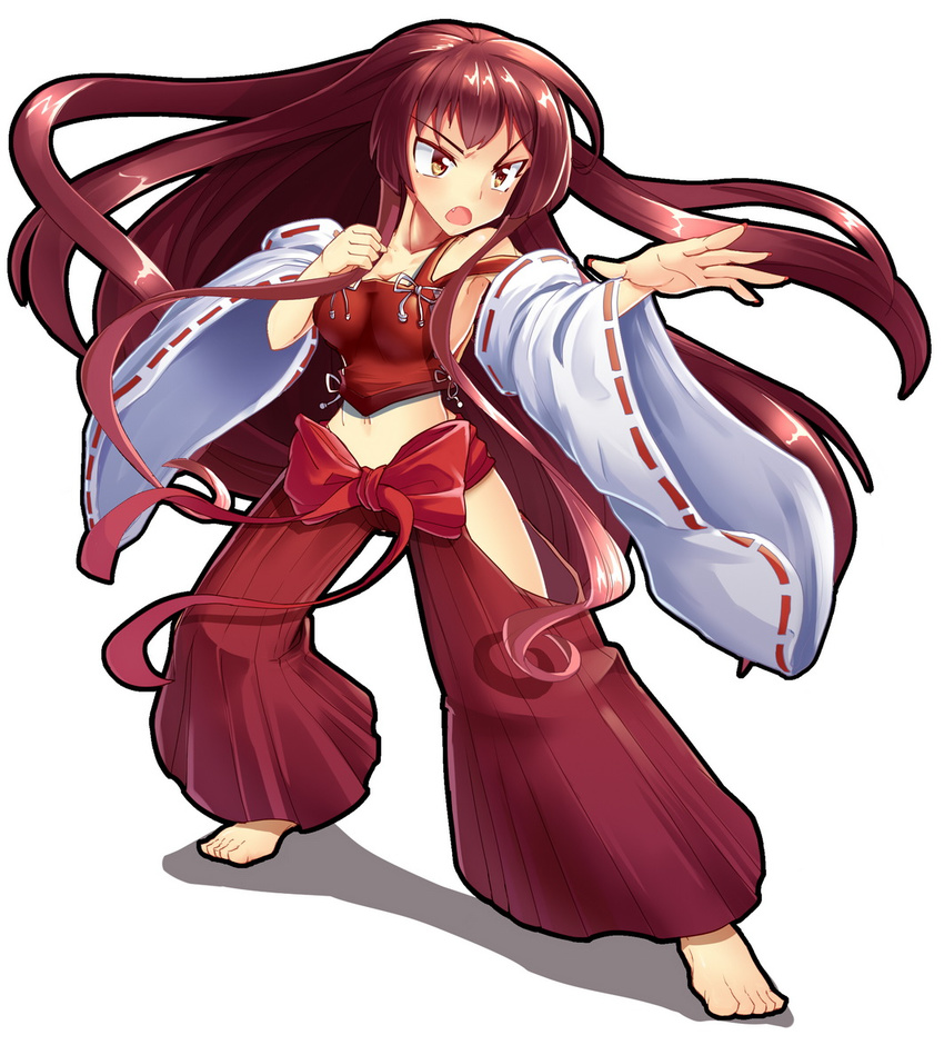 bare_shoulders barefoot breasts brown_eyes brown_hair detached_sleeves fang fighting_stance full_body hakama japanese_clothes large_breasts long_hair m.u.g.e.n no_bra no_panties nontraditional_miko open_mouth original red_hakama sendai_hakurei_no_miko simple_background solo touhou very_long_hair wide_sleeves z.o.b