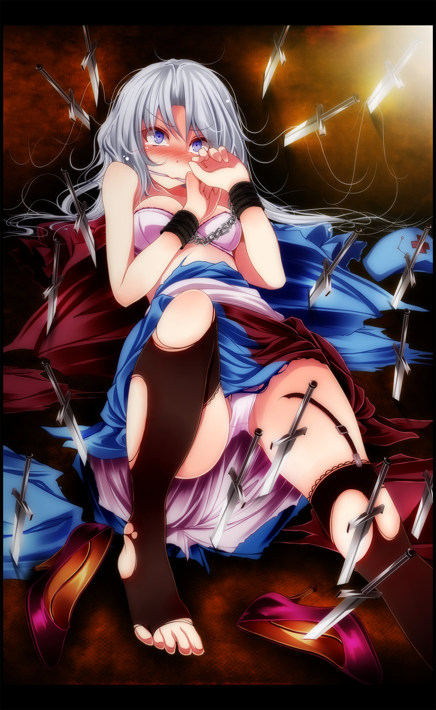 absurdres bad_id bad_pixiv_id barefoot blue_eyes blush bra cuffs defeat feet hat hat_removed headwear_removed highres knife long_hair panties s-syogo shackles shoes silver_hair single_shoe solo thighhighs throwing_knife toes torn_clothes torn_legwear touhou underwear weapon white_bra white_panties yagokoro_eirin