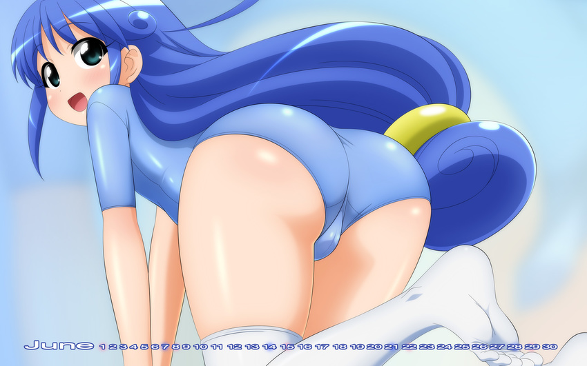 ass blue_hair blue_leotard calendar_(medium) fushigiboshi_no_futago_hime green_eyes highres leotard long_hair looking_back rein sugimura_tomokazu thighhighs