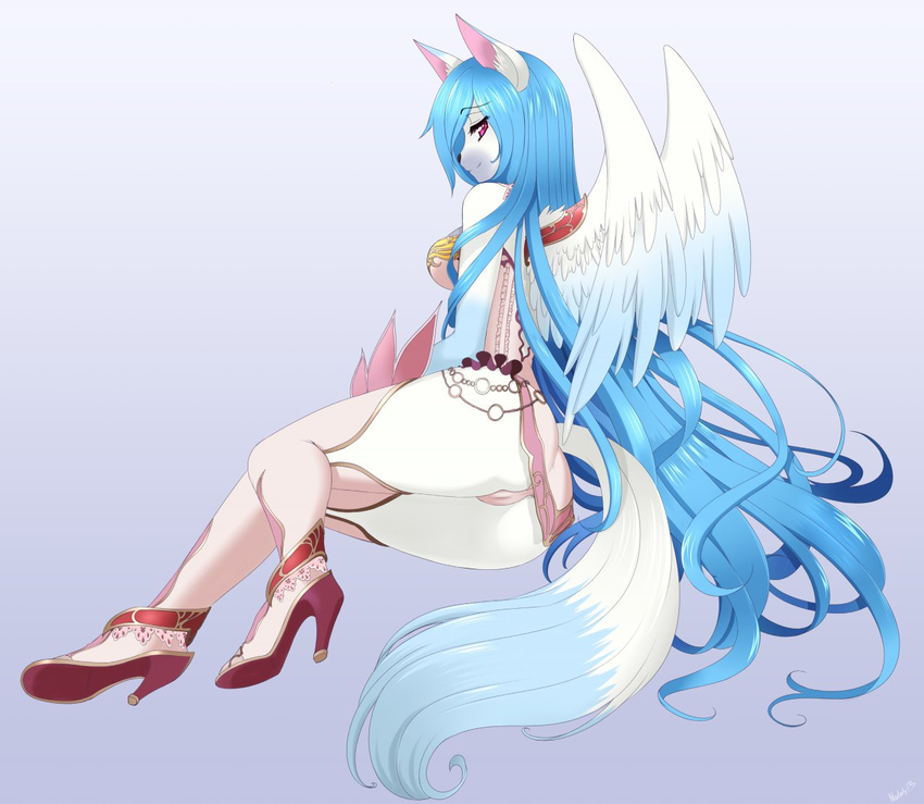 armor blue_fur blue_hair camel_toe canine fantasy female fox fur gradient_background hair heels long_hair looking_at_viewer mammal nataly-b pink_eyes presenting_ass sitting smile solo white_fur wings