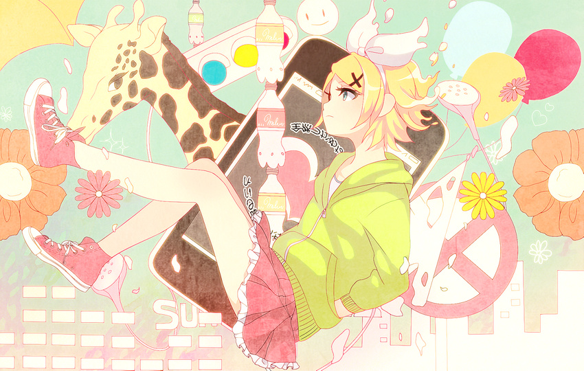 aqua_eyes bad_id bad_pixiv_id blonde_hair bottle giraffe hair_ornament hair_ribbon hairclip hood hoodie kagamine_rin kurono_kito melancholic_(vocaloid) ribbon shoes short_hair skirt sneakers solo vocaloid