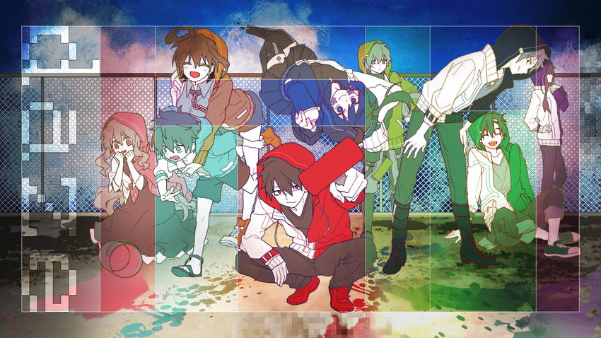 5boys amamiya_hibiya bad_id bad_pixiv_id daze_(kagerou_project) dress ene_(kagerou_project) glomp highres hood hoodie hug hug_from_behind kagerou_project kangmoro kano_shuuya kido_tsubomi kisaragi_momo kisaragi_shintarou konoha_(kagerou_project) kozakura_marry long_hair multiple_boys multiple_girls paint_can paint_roller paint_splatter seto_kousuke short_hair wallpaper