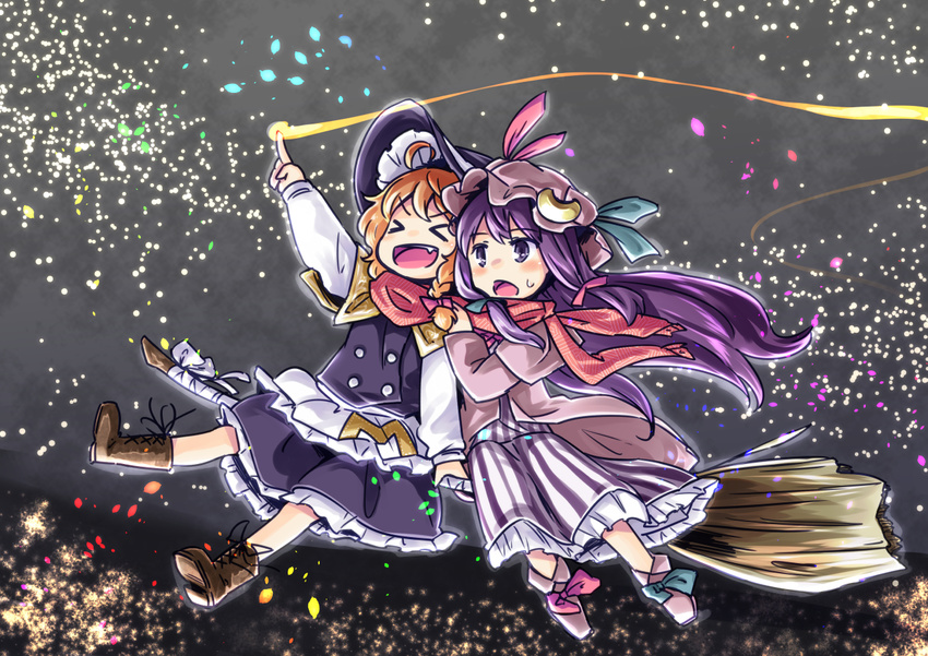 &gt;_&lt; blonde_hair blush bow broom broom_riding closed_eyes hat hat_bow kirisame_marisa mayuge_inu multiple_girls multiple_riders night night_sky patchouli_knowledge purple_eyes purple_hair sharing sidesaddle sky star sweatdrop touhou witch_hat