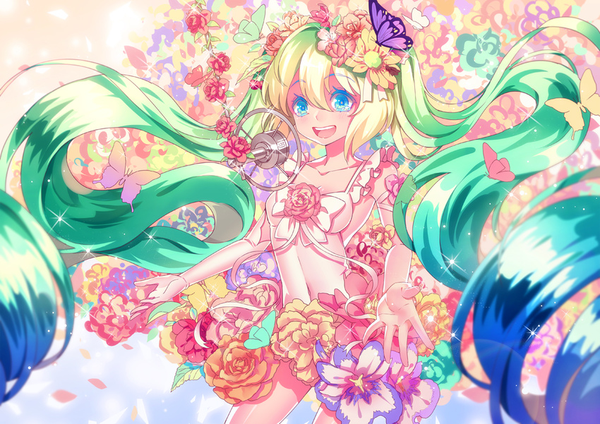 bad_id bad_pixiv_id blue_eyes bug butterfly elbow_gloves flower gloves green_hair hair_flower hair_ornament hatsune_miku insect long_hair microphone navel open_mouth single_glove solo sougishi_ego twintails very_long_hair vocaloid