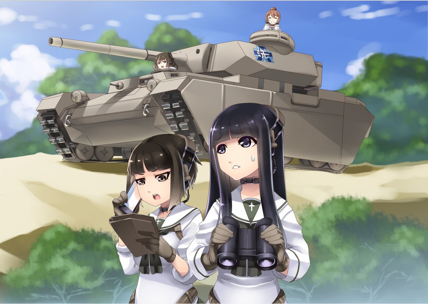 binoculars brown_hair caterpillar_tracks cellphone cloud day emblem girls_und_panzer ground_vehicle hiememiko long_hair military military_vehicle motor_vehicle multiple_girls ooarai_(emblem) original phone school_uniform short_hair sky smartphone tank throat_microphone uniform