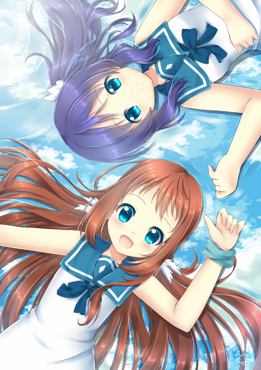 blue_eyes blue_hair brown_hair dress highres hikariin25 hiradaira_chisaki long_hair lying mukaido_manaka multiple_girls nagi_no_asukara sailor_dress school_uniform serafuku side_ponytail