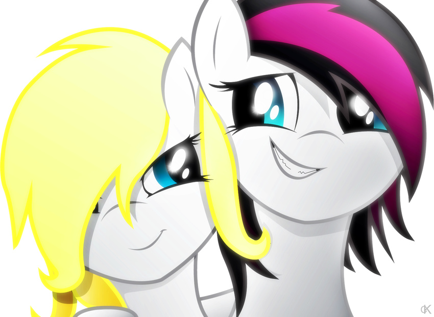 aryanne blonde_hair blue_eyes duo equine female friendship_is_magic fur hair hi_res horse long_hair mammal multi-colored_hair my_little_pony original_character pegasus plain_background pony smile teeth two_tone_hair varla_streak varlastreak white_background white_fur wings