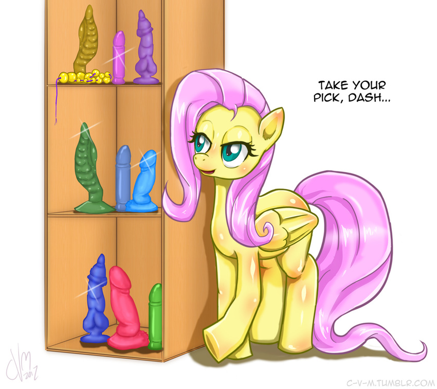dialog dildo english_text equine female feral fluttershy_(mlp) friendship_is_magic fur hair half-closed_eyes long_hair mammal my_little_pony pegasus pink_hair sex_toy solo standing text wings yellow_fur
