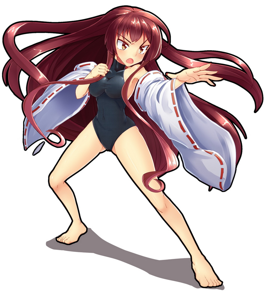 bare_shoulders barefoot breasts brown_eyes brown_hair detached_sleeves fang fighting_stance full_body large_breasts leotard long_hair m.u.g.e.n nontraditional_miko open_mouth original sendai_hakurei_no_miko simple_background solo touhou very_long_hair wide_sleeves z.o.b