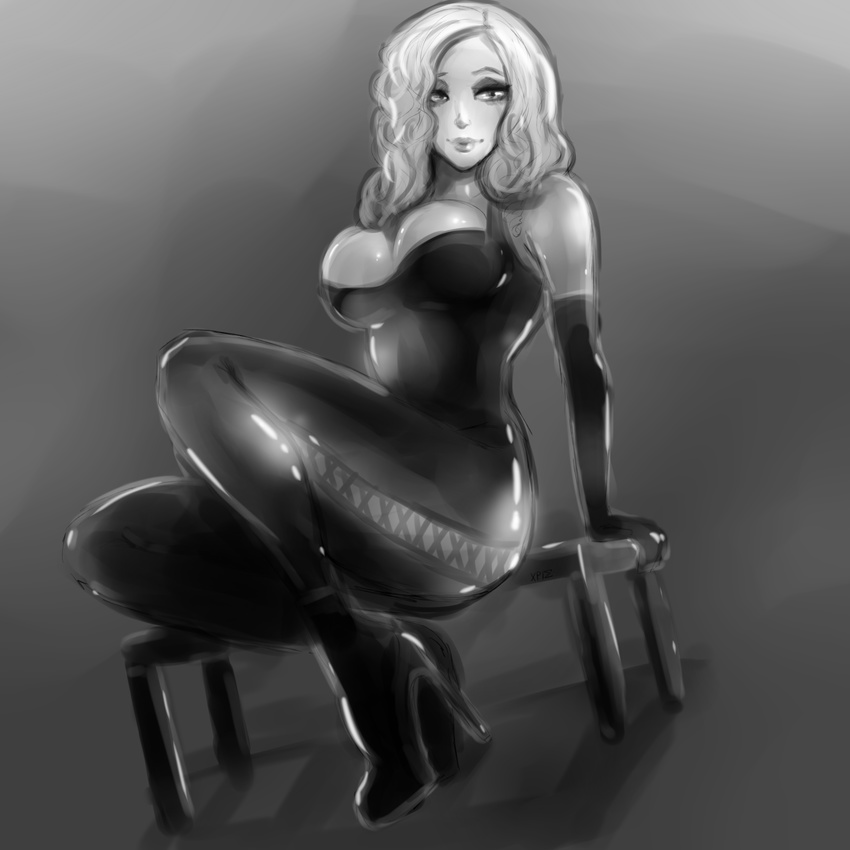 breasts greyscale highres large_breasts monochrome real_life sitting sketch solo susan_wayland xpisigma