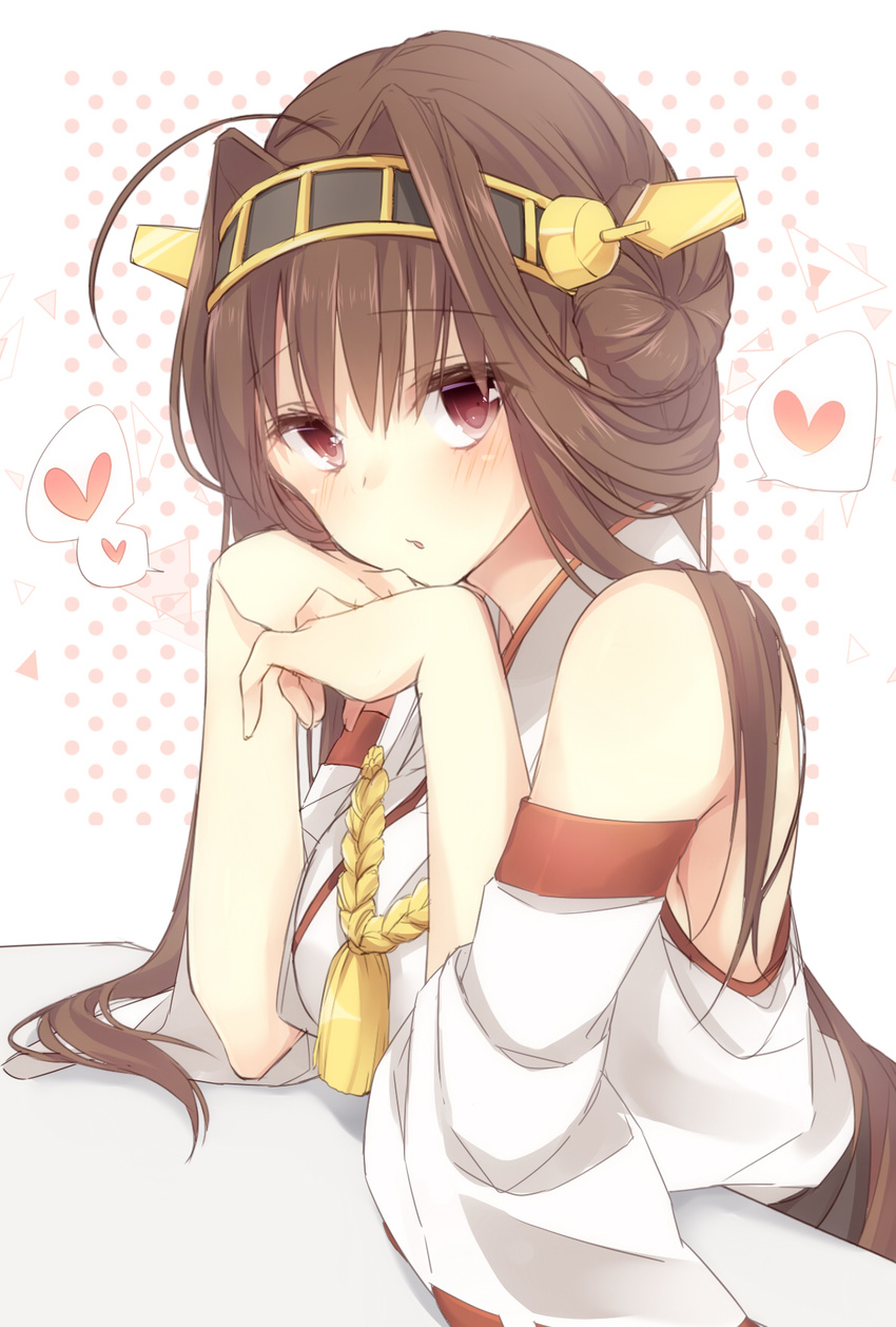 ahoge bad_id bad_pixiv_id blush brown_eyes brown_hair detached_sleeves double_bun hairband head_rest heart highres kantai_collection kongou_(kantai_collection) long_hair looking_at_viewer nontraditional_miko ribbon-trimmed_sleeves ribbon_trim solo spoken_heart washa