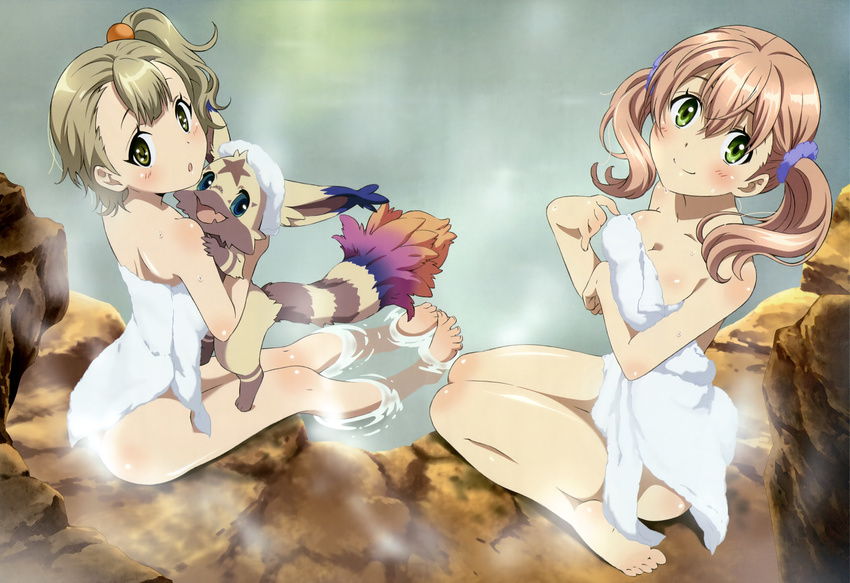 :o absurdres animal atelier_(series) atelier_escha_&amp;_logy barefoot blue_eyes blush breasts brown_hair cleavage escha_malier feet full_body green_eyes highres legs looking_at_viewer lucille_ernella medium_breasts multiple_girls naked_towel non-web_source nyantype official_art onsen partially_submerged rock side_ponytail sitting smile steam towel towel_on_head twintails wariza water white_towel