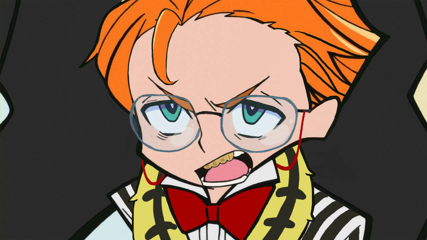 bad_id bad_pixiv_id bow bowtie creator_connection glasses kill_la_kill male_focus orange_hair panty_&amp;_stocking_with_garterbelt parody sashimin solo style_parody takarada_kaneo