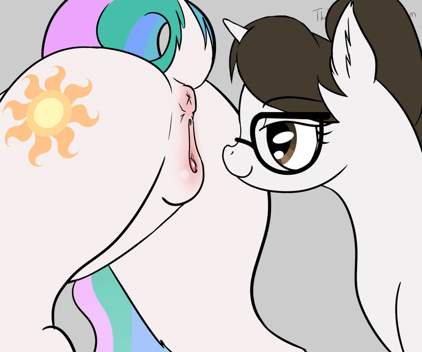 animated anus brown_eyes brown_hair butt clitoral_winking clitoris colored cunnilingus cutie_mark duo equine eyelashes eyewear female friendship_is_magic fur glasses hair horn lesbian mammal my_little_pony open_mouth oral oral_sex princess_celestia_(mlp) pussy pussy_juice pussy_wink raven_(mlp) sex theflankbank tongue tongue_out unicorn vaginal white_fur