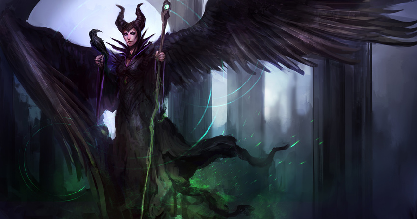 bird black_wings crow daniel_kamarudin disney feathered_wings highres horns maleficent solo staff wallpaper wings