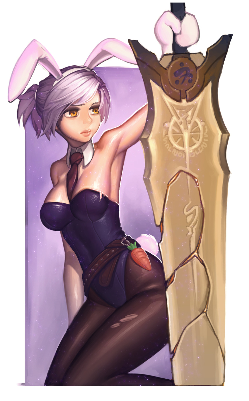 animal_ears battle_bunny_riven breasts bunny_ears bunny_tail bunnysuit cleavage detached_collar folded_ponytail highres huge_weapon large_breasts league_of_legends pantyhose riven_(league_of_legends) short_hair silver_hair solo sword tail weapon white_hair