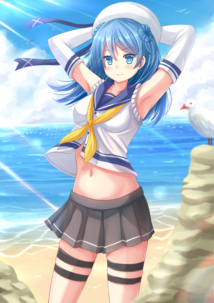 armpits arms_behind_head arms_up bangs beach beret blue_eyes blue_hair blush breasts cloud cowboy_shot day elbow_gloves eyebrows_visible_through_hair gloves hair_between_eyes hat highres kantai_collection kazenokaze light_rays long_hair looking_at_viewer midriff navel ocean outdoors pleated_skirt skindentation skirt sky sleeves_rolled_up small_breasts smile solo sunbeam sunlight thigh_strap urakaze_(kantai_collection) water white_hat yellow_neckwear