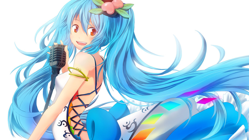 adapted_costume alternate_hairstyle blue_hair cosplay food fruit gradient_eyes hair_ornament hatsune_miku hatsune_miku_(cosplay) highres hinanawi_tenshi holding kana_tako kochira_koufuku_anshin_iinkai_desu_(vocaloid) long_hair looking_at_viewer microphone microphone_stand multicolored multicolored_eyes open_mouth parody peach simple_background smile solo touhou twintails vintage_microphone vocaloid white_background