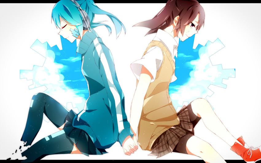 aqua_hair bad_id bad_pixiv_id black_legwear black_skirt brown_skirt collared_shirt crying digital_dissolve ene_(kagerou_project) enomoto_takane from_side headphones jacket kagerou_project long_sleeves looking_down multiple_girls pleated_skirt shirt shoes short_hair short_sleeves shorts shorts_under_skirt simple_background skirt smile sneakers sweater_vest thighhighs track_jacket twintails washa white_background white_shirt zettai_ryouiki