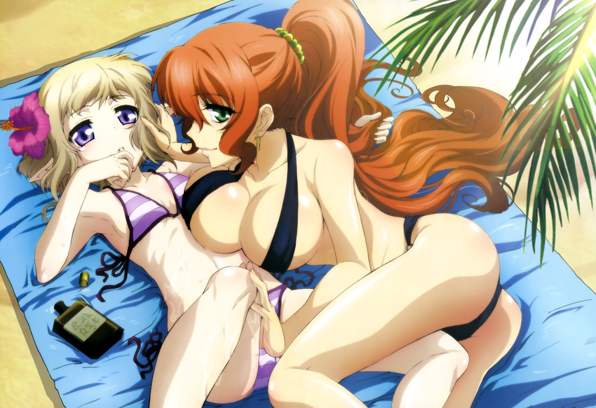 absurdres applying_sunscreen ass bikini blonde_hair breasts cleavage flat_chest flower green_eyes hair_flower hair_ornament hibiscus highres large_breasts leg_between_thighs legs looking_at_viewer lotion lucca_saarinen lying multiple_girls non-web_source nyantype official_art on_back pointy_ears ponytail purple_eyes rebecca_randall red_hair seikoku_no_dragonar short_hair side-tie_bikini striped striped_bikini sunscreen swimsuit