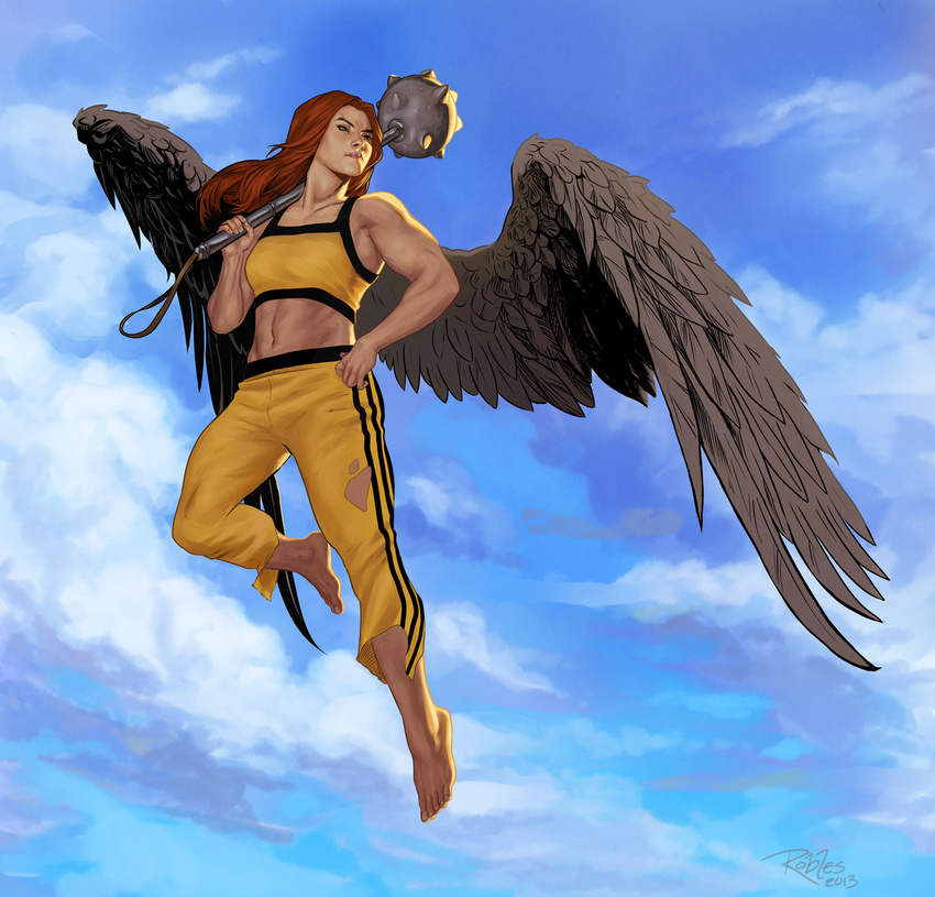 1girl alien barefoot dc_comics feathered_wings female flying hand_on_hip hawkgirl mace midriff muscle nick_robles orange_hair realistic solo torn_clothes weapon wings