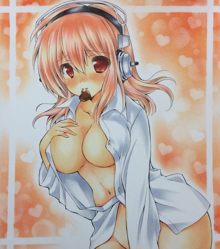 blush breasts chocolate chocolate_heart cleavage hand_on_own_chest headphones heart highres izumo_neko large_breasts long_hair looking_at_viewer naked_shirt navel nitroplus no_bra no_panties pink_hair red_eyes shikishi shirt solo super_sonico