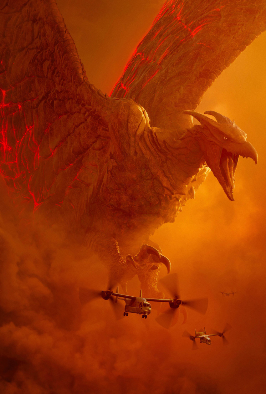 bioluminescence cloud energy epic giant_monster glowing glowing_eyes godzilla_(series) horns kaijuu lava legendary_pictures military military_vehicle monster monsterverse movie_poster official_art osprey_(aircraft) pterodactyl rodan rodan_(2019) toho_(film_company) wings