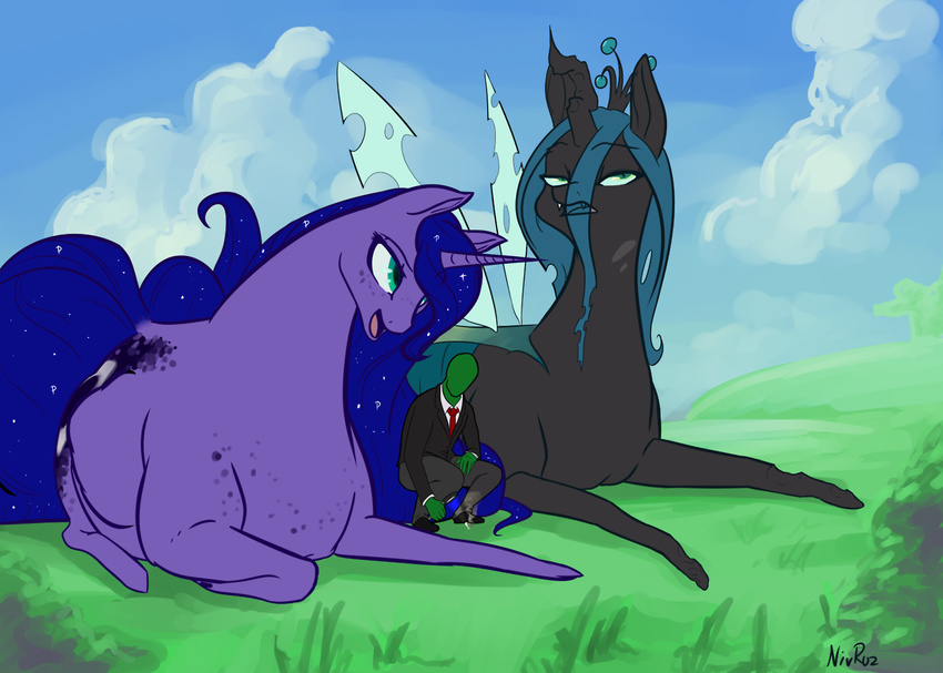 anon anonymous blue_fur blue_hair changeling cutie_mark equine feathers female friendship_is_magic fur group hair hooves horn horse human long_hair male mammal my_little_pony nivrozs open_mouth pony princess_luna_(mlp) queen_chrysalis_(mlp) size_difference teal_eyes winged_unicorn wings