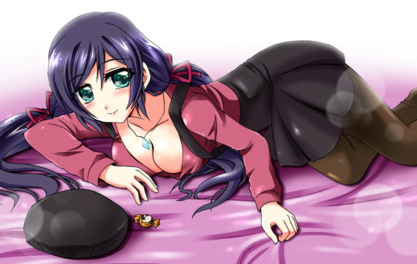 beret blush breasts casual cleavage green_eyes hat hat_removed headwear_removed jewelry large_breasts long_hair love_live! love_live!_school_idol_project necklace otoki_raku pantyhose purple_hair smile solo toujou_nozomi twintails