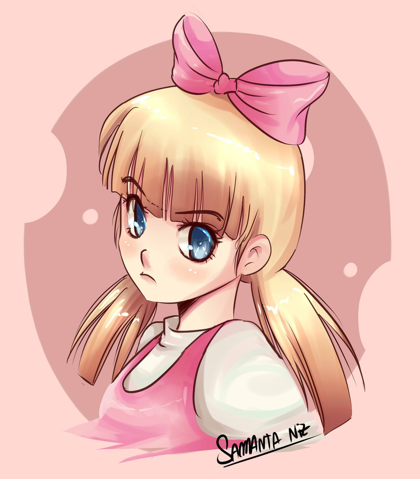 absurdres artist_name blonde_hair blue_eyes bow commentary_request frown hair_bow helga_g_pataki hey_arnold! highres looking_at_viewer low_twintails pink_background samantha_niz solo twintails unibrow