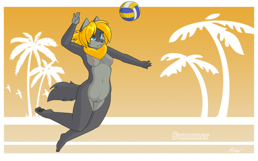 blonde_hair blue_eyes breasts canine female fur grey_fur hair helsy lafille mammal nipples nude pussy solo volleyball wolf yellow_fur