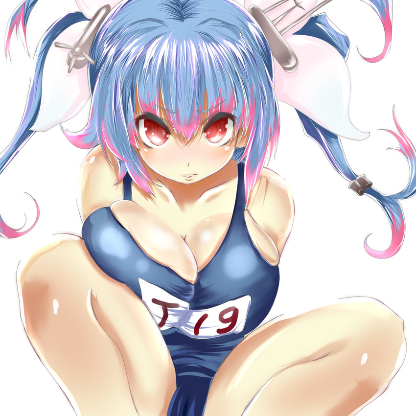 blue_hair breast_press breasts cameltoe cleavage collarbone gradient_hair headgear highres i-19_(kantai_collection) kantai_collection large_breasts lips looking_at_viewer multicolored_hair off_shoulder one-piece_swimsuit pink_hair red_eyes sankakusui school_swimsuit shiny shiny_skin short_hair simple_background sitting skindentation smile solo spread_legs swimsuit twintails white_background