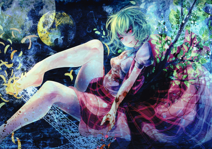 absurdres barefoot blood bloody_clothes dark full_moon green_hair highres huge_filesize kazami_yuuka leaf moon night petals plaid plaid_skirt puffy_sleeves red_eyes scan shirt short_hair short_sleeves silentdin skirt smile solo touhou white_shirt