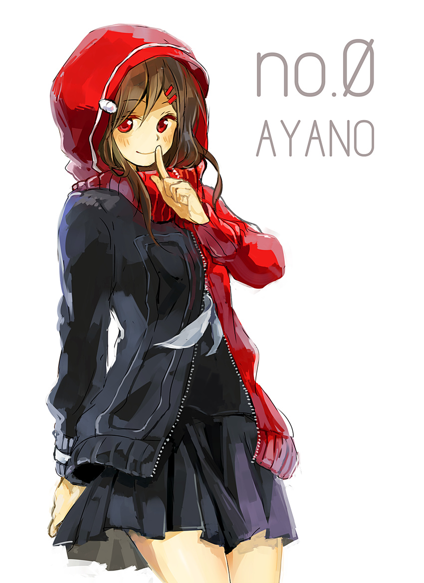 brown_hair daze_(kagerou_project) finger_to_mouth hair_ornament hairclip highres hood hoodie kagerou_project long_hair nuriko-kun red_eyes solo tateyama_ayano