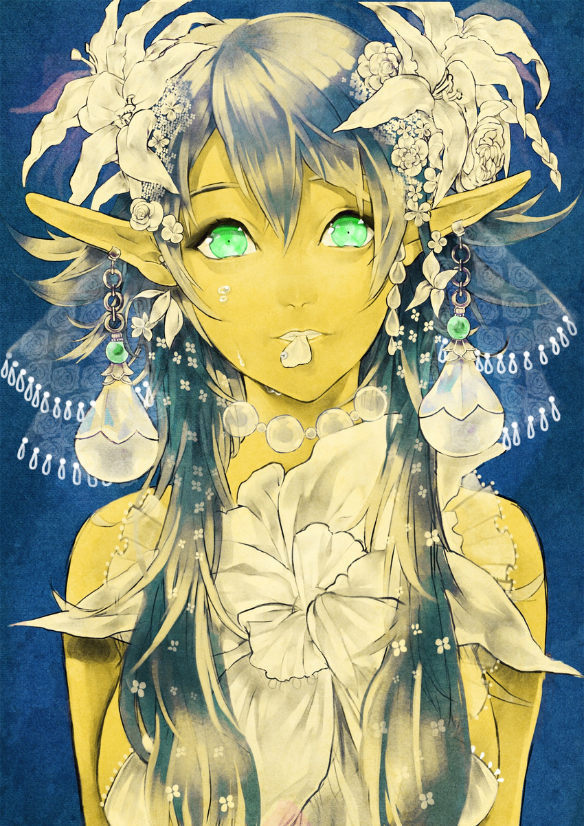 1girl breasts bride earrings flower green_eyes hair_flower hair_ornament jewelry long_hair monster_girl moriko06 mouth_hold pointy_ears sideboob solo yellow_skin