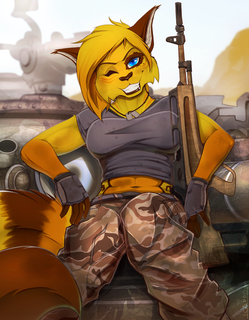 2014 blonde_hair blue_eyes brown_fur brown_lips brown_nose claws clothing dog_tags fangs female fingerless_gloves fur gloves grin gun hair hi_res lip_ring lips looking_at_viewer navel one_eye_closed orange_fur outside pants piercing pumzie ranged_weapon rifle scappo shirt short_hair sitting smile solo stripes teeth weapon yellow_fur
