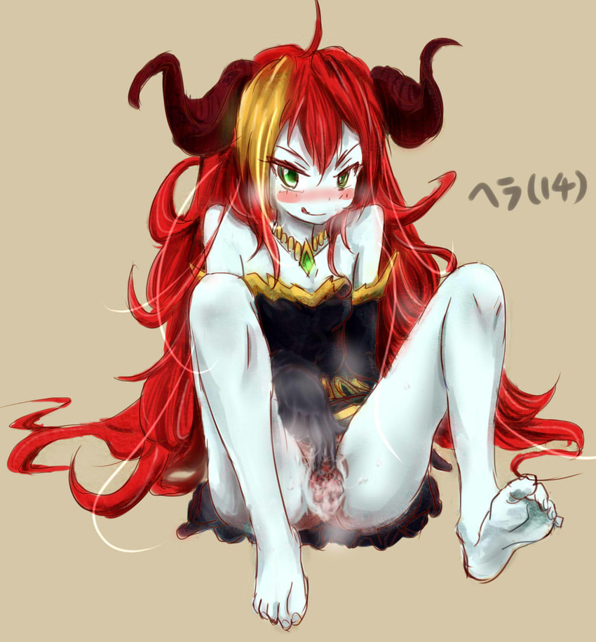 :q barefoot blue_skin blush colored_eyelashes come_hither demon_girl demon_horns dress full-face_blush full_body green_eyes hera_(puzzles_&amp;_dragons) highres horns jewelry kuchimizu long_hair messy_hair naughty_face necklace no_panties presenting pussy pussy_juice puzzle_&amp;_dragons red_hair simple_background sitting smirk solo spread_legs spread_pussy strapless strapless_dress text_focus tongue tongue_out underwear very_long_hair
