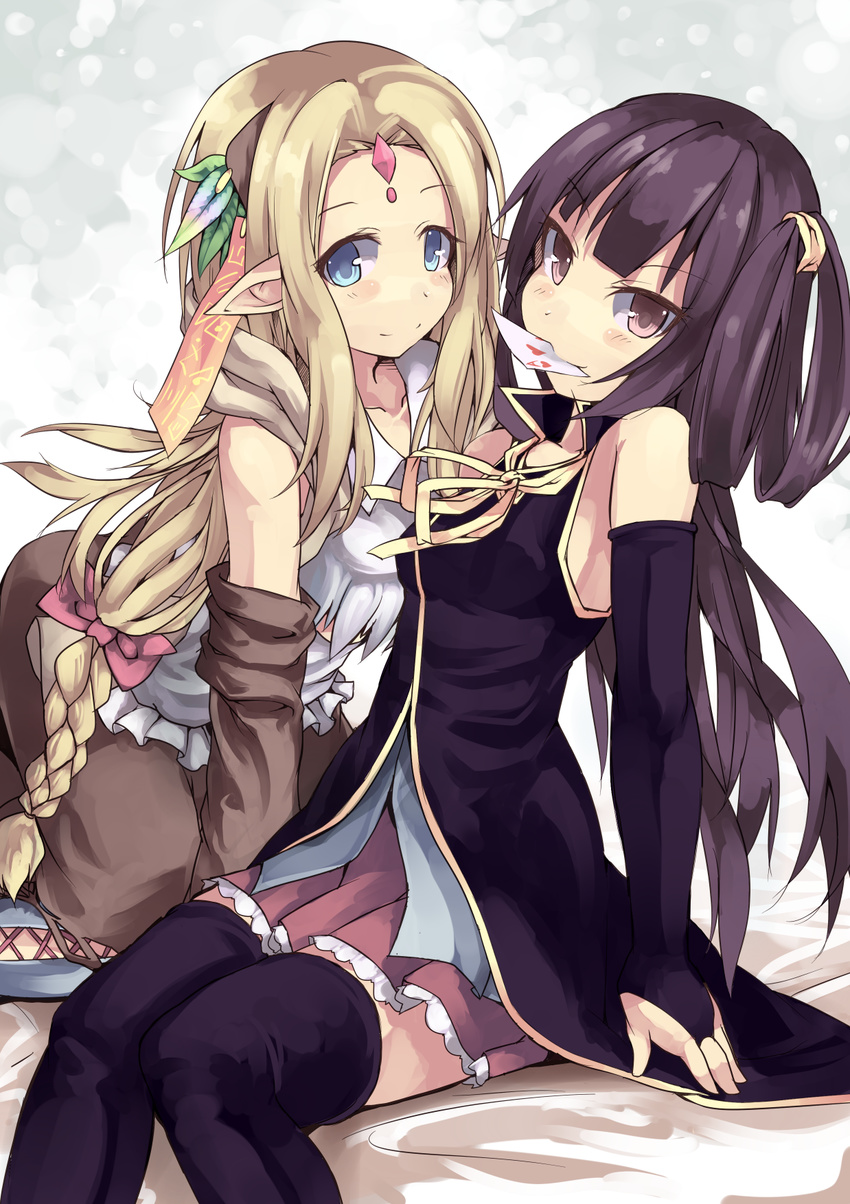 bare_shoulders black_hair black_legwear blonde_hair blue_eyes blush bridal_gauntlets brown_eyes card card_in_mouth clammy_zell elbow_gloves elf feel_nilvalen frilled_skirt frills gloves hair_rings highres long_hair looking_at_viewer mouth_hold multiple_girls no_game_no_life normaland pointy_ears skirt smile thighhighs yuri zettai_ryouiki