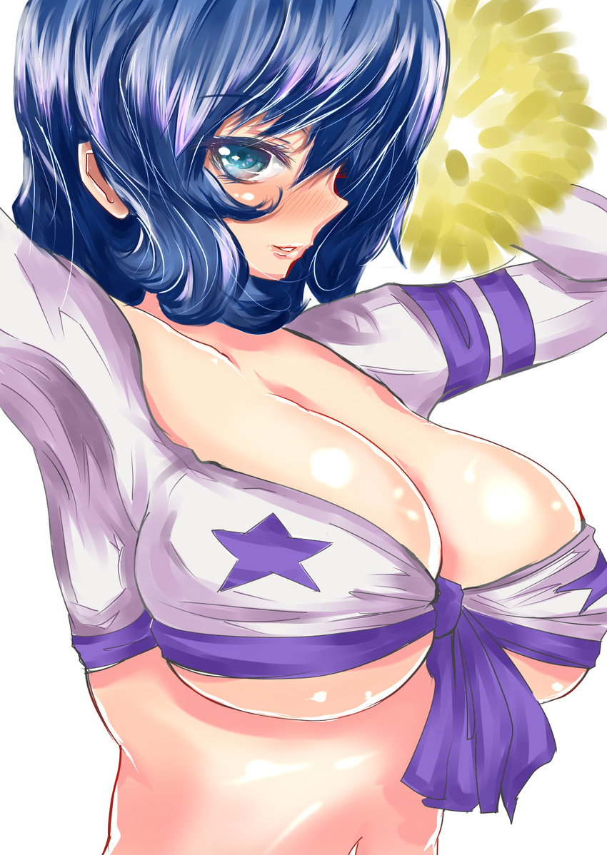 alternate_costume blue_eyes blue_hair breasts cheerleader cleavage collarbone from_side gundam gundam_build_fighters highres iori_rinko large_breasts lips looking_at_viewer mature navel pom_poms sankakusui short_hair skindentation solo underboob