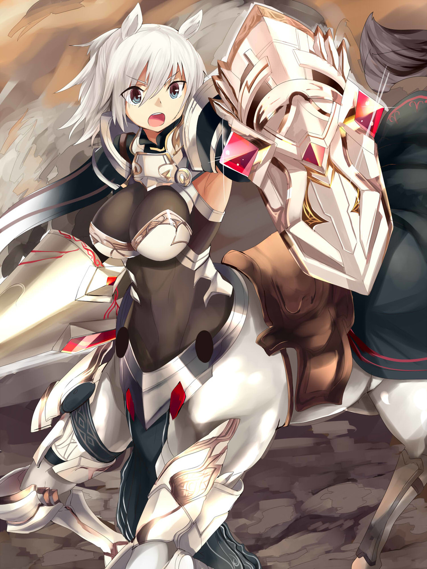 :o animal_ears arm_guards armor armored_boots armpits bodysuit boots breastplate centaur covered_navel gem glint haik hair_between_eyes highres lance open_mouth original outstretched_arm polearm round_teeth saddle shield short_hair silver_hair skin_tight solo standing tail teeth thigh_boots thighhighs tsurime weapon