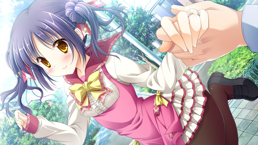 1girl 3-nin_iru! bell blush game_cg nakase_nagisa purple_hair ribbon smile suzui_narumi yellow_eyes